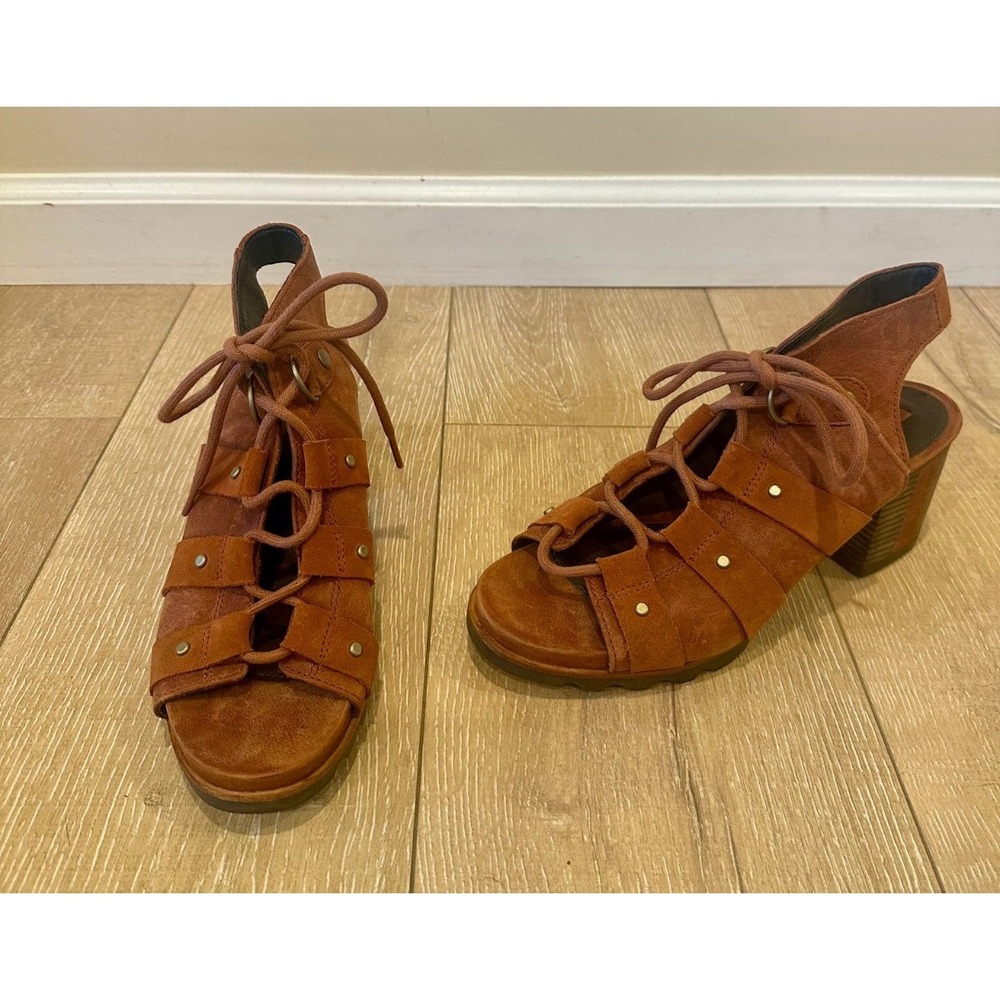 Sorel Addington brown/orange NWOB Leather suede Lace Up Block Heel Sandals Sz 9